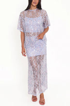 Catch The Light Sheer Sequin Lace High Rise Elastic Waist Maxi Skirt