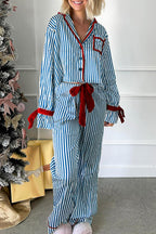 Striped Printed Color-blocked Trim Long-sleeved Loose Top and Elastic Waist Belt Wide-leg Pants Set