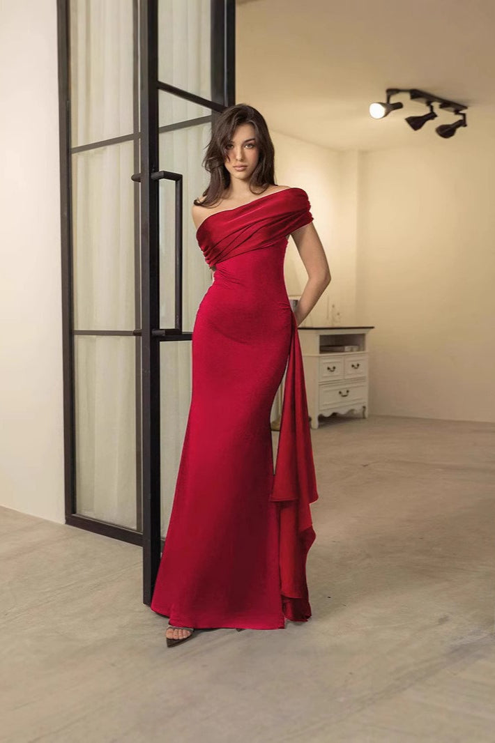 Chic Satin Draped Neck Sheath Formal Dress
