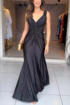 Glow Together Satin Knot Design Shoulder Strap Sleeveless Drape Slit Maxi Dress
