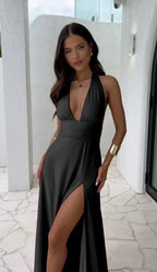 Teodora Boutique Deep V Neck Split Solid Color Dress Evening Wear Edit