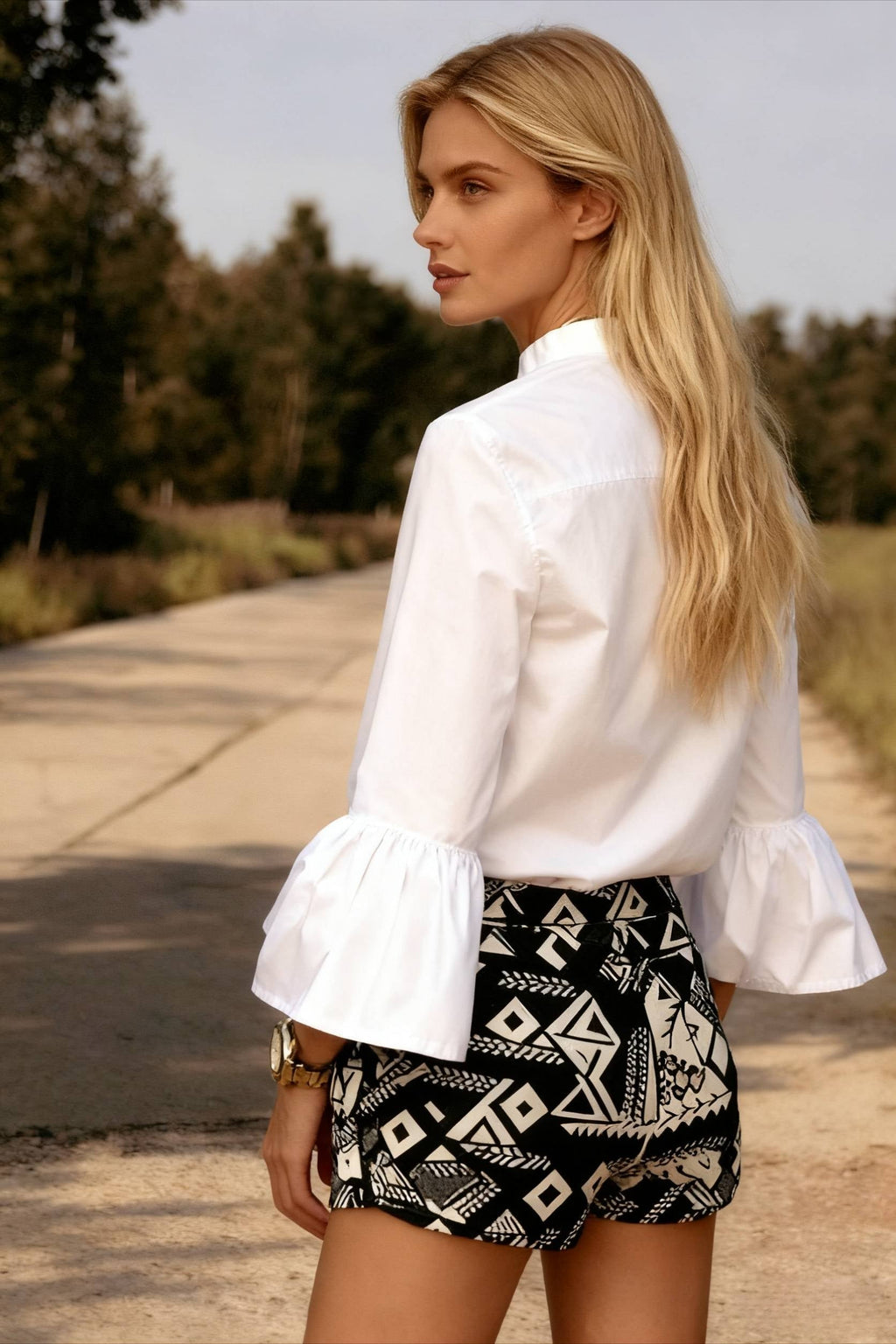 Blouse Office Arm  V Button Women's Flare Up White Neck Blouse