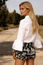Blouse Office Arm  V Button Women's Flare Up White Neck Blouse