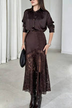 Solid Color Silk Satin and Lace Spliced elegant Maxi Skirt