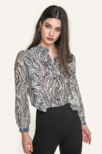 Black Zebra Print Ruffle Trim Button-Up Chiffon Work Shirt