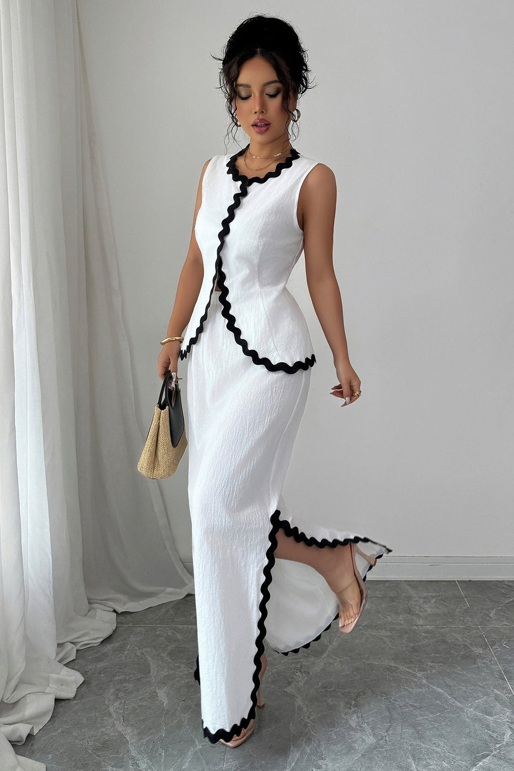 Romantic Lace Trim Vest High Waist Skirt Set