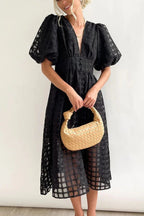 Beautiful square pattern fabric puff sleeve midi