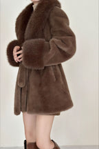 Faux Animal Fur Suede Mid-Length Notch Collar Tie Waist Coat
