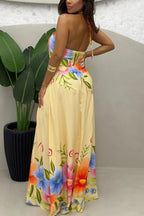 Lennora Floral Print Back Smocked Halter Tie-up Maxi Dress