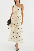 Fashionable Polka Dot Print One-shoulder Sleeveless Layered Mesh Maxi Dress