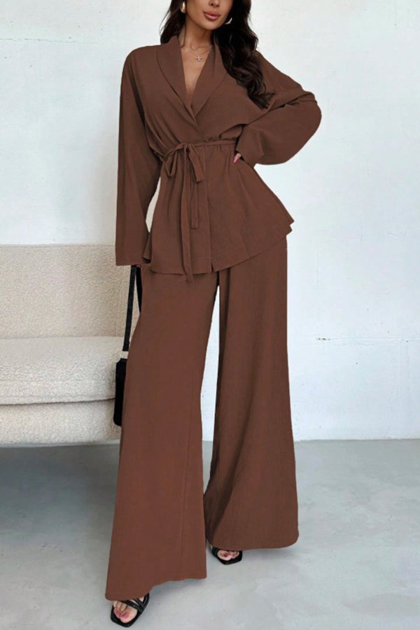 Solid Color Collared Long-sleeved Tie-waist Loose Top and Elastic Waist Casual Wide-leg Pants Set