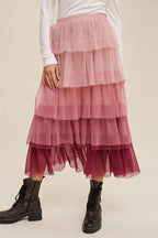 Pink Gradient Mesh Ruffle Tiered Tulle Maxi Skirt