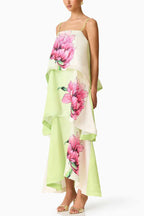 Elisia Satin Color Block Flower Print Tiered Slip Square Neck A-line Maxi Dress