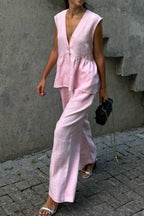 V-Neck Sleeveless Ruffled Peplum Top + Wide-Leg Pants Linen Set