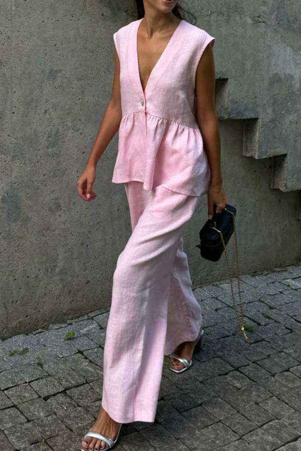 V-Neck Sleeveless Ruffled Peplum Top + Wide-Leg Pants Linen Set