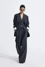 Grey Striped Vest Wide Leg Three Piece Set