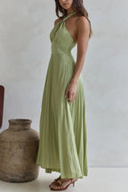 Solid Color Halter Neck Hollowed-out Casual Pleated Holiday Maxi Dress