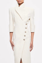 Elegant Look Linen Blend Stand Lapel Neck Half Sleeve Side Button Midi Dress