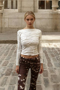 Long Sleeve Ruched Solid Color Casual Round Neck Pullover T-shirts