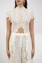 Elegance Avant-garde Floral Lace Short Sleeve High Low Top and High Rise Wide Leg Pants Set