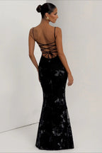 3D Applique Bone Pad Tie Back Solid Prom Dress