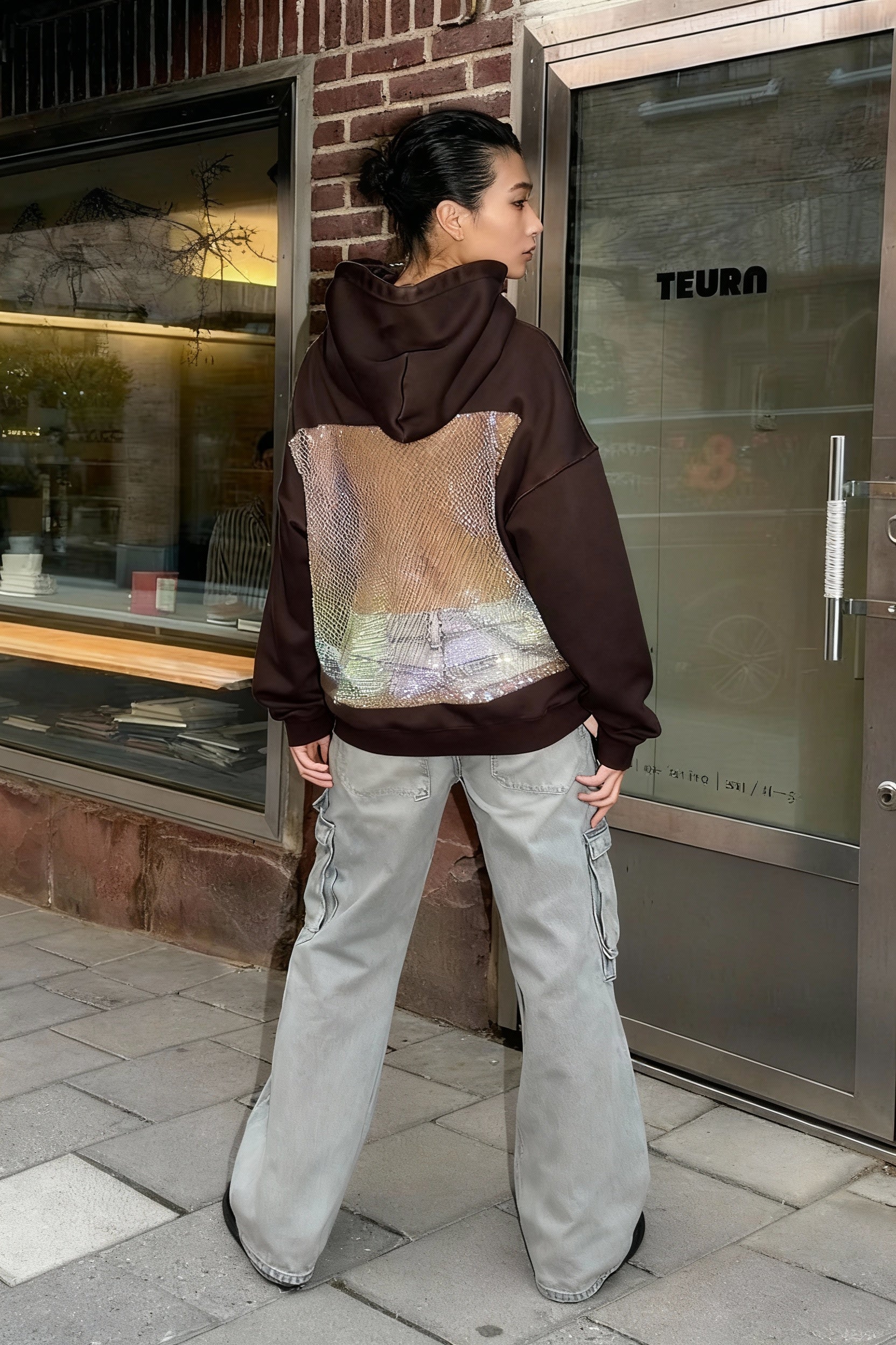 Sheer Mesh Panel Long Sleeve Hoodie