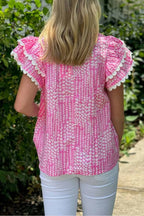 Pink Abstract Print Ric Rac Trim Flutter Sleeve Notch V Neck Blouse