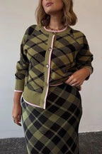 Holiday Plaid Knit Color-blocked Trim Button Long-sleeved Loose Cardigan