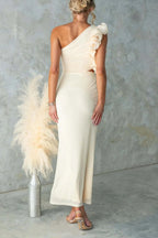 Fashionable Mesh Sleeveless One-shoulder Waist-revealing Maxi Dress