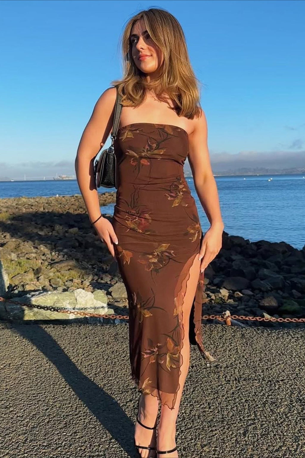 Strapless Printed Slit Double Layer Floral Dress