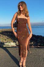 Strapless Printed Slit Double Layer Floral Dress