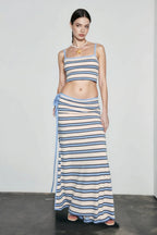 Knit stripe crop camisole high waist tie skirt vacation set