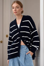 Striped V Neck Cotton Cardigan Sweater