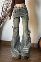 Vintage Fake Two Piece Bootcut Tie Waist Jeans