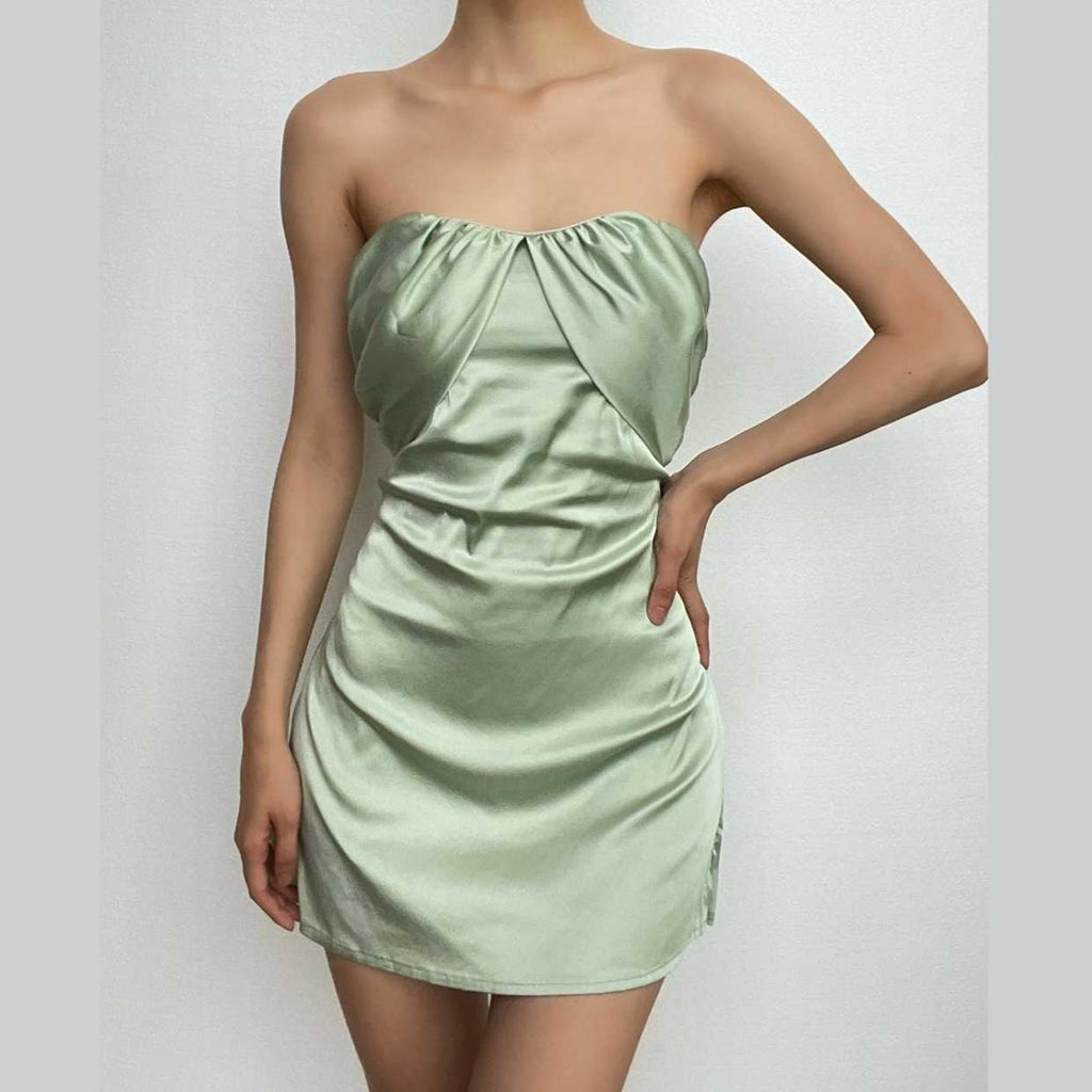 Patchwork slit ruched backless sleeveless tube mini dress