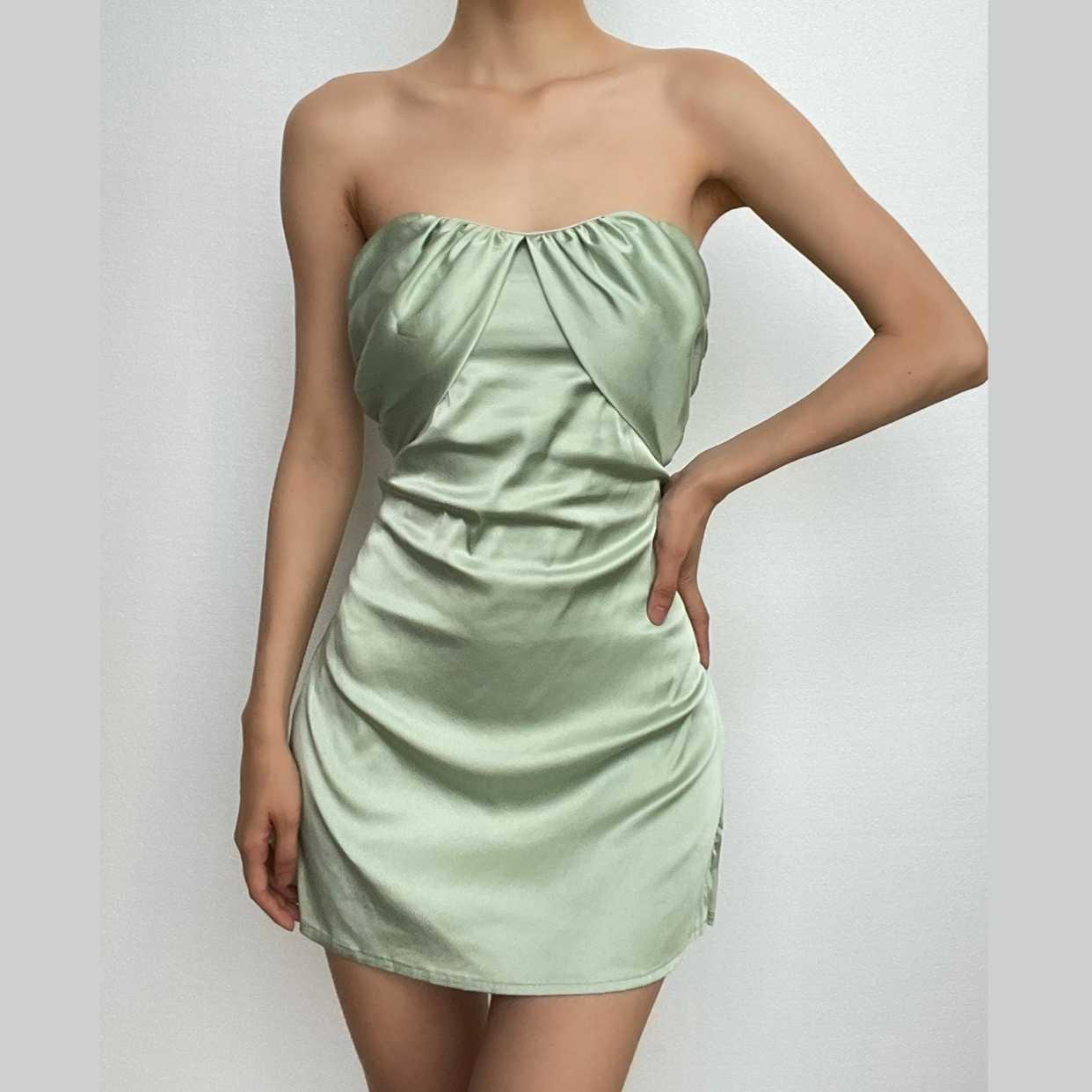Patchwork slit ruched backless sleeveless tube mini dress