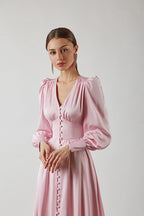 Vintage Satin Puff Sleeve Tailored Midi Dress