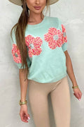 Crewneck Short Sleeves 3D Flower Sweater Top