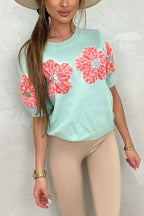 Crewneck Short Sleeves 3D Flower Sweater Top