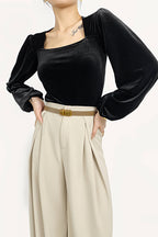 Black Velvet Balloon Sleeve Square Neck Blouse