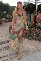 Sheer Floral Print Slit Vacation Maxi Dress