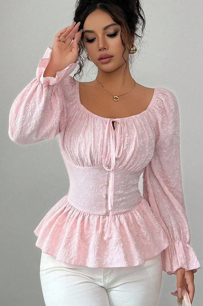 U Neck Tie Long Sleeve Designer Blouse