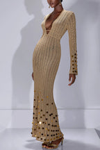 Stylish V-neck Flared Long-sleeved Knit Sequined Maxi Dress