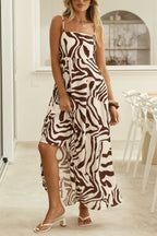 Zebra Print Sleeveless Spaghetti Strap High-waisted Vacation Maxi Dress