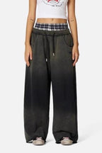 Washed Plaid Patchwork Double Waist Low Rise Pants