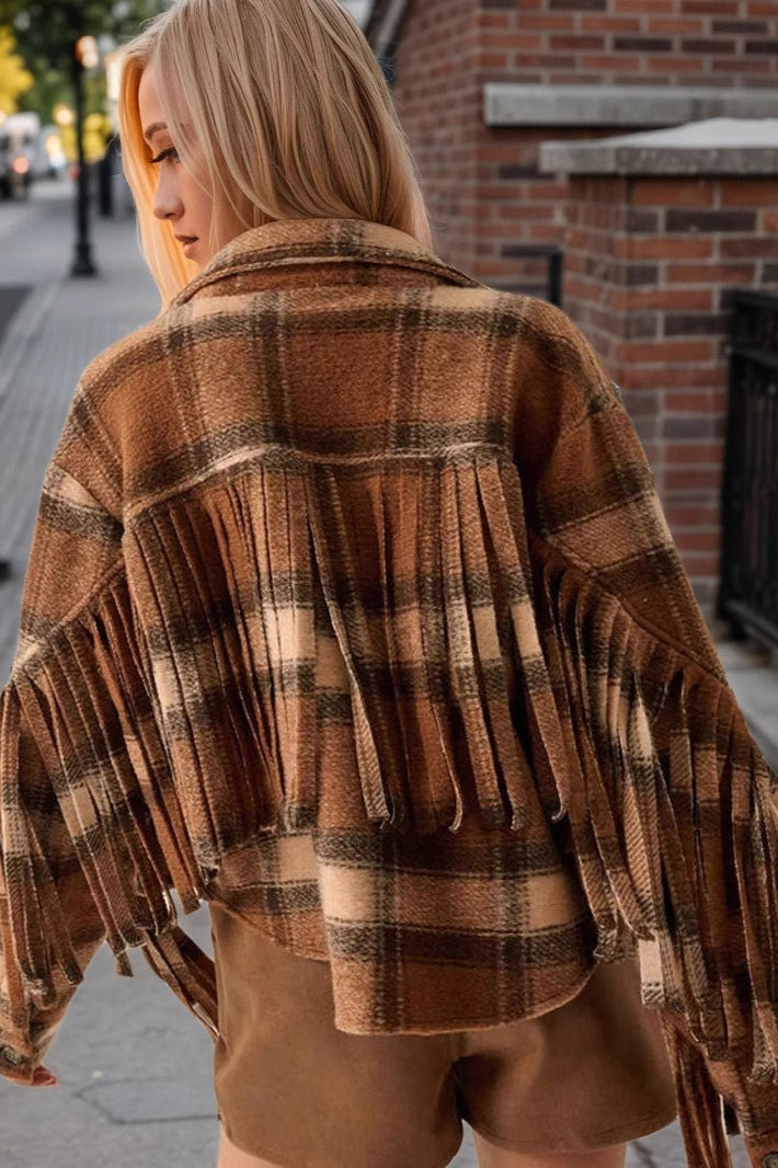 Plaid Side-Fringe Wool Short Coat