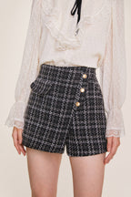 Black Checked Button Detail Tweed Skort