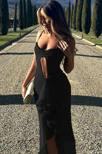 Lace Cutout Mesh Spaghetti Strap Asymmetrical Party Dress