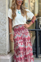 Resort Style Unique Print Pleated Elastic Waist Maxi Skirt