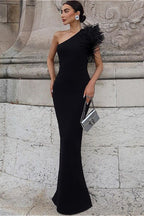 Solid Color One-Shoulder Feather Panel Slim Maxi Party Dress